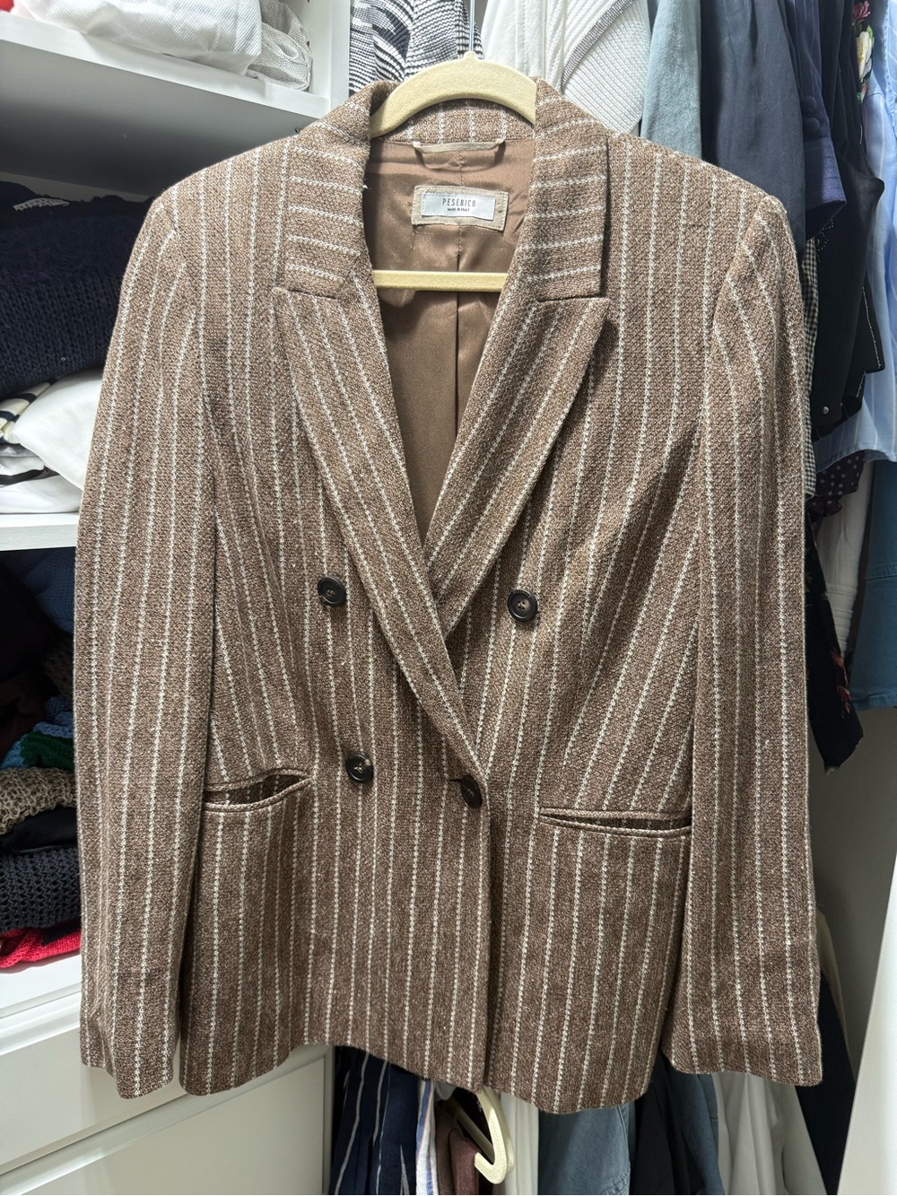 Peserico 100% linen Brown Pinstripe Double-Breasted Blazer Sz 46 NWOT
